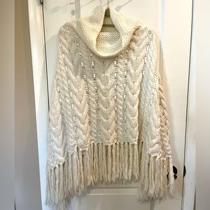 Prague Cowl Neck Poncho Chunky Cable Knit Fringe Hem With Interwoven Ribbon OS